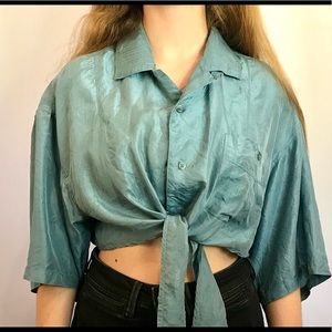 Cropped button down tie shirt, M